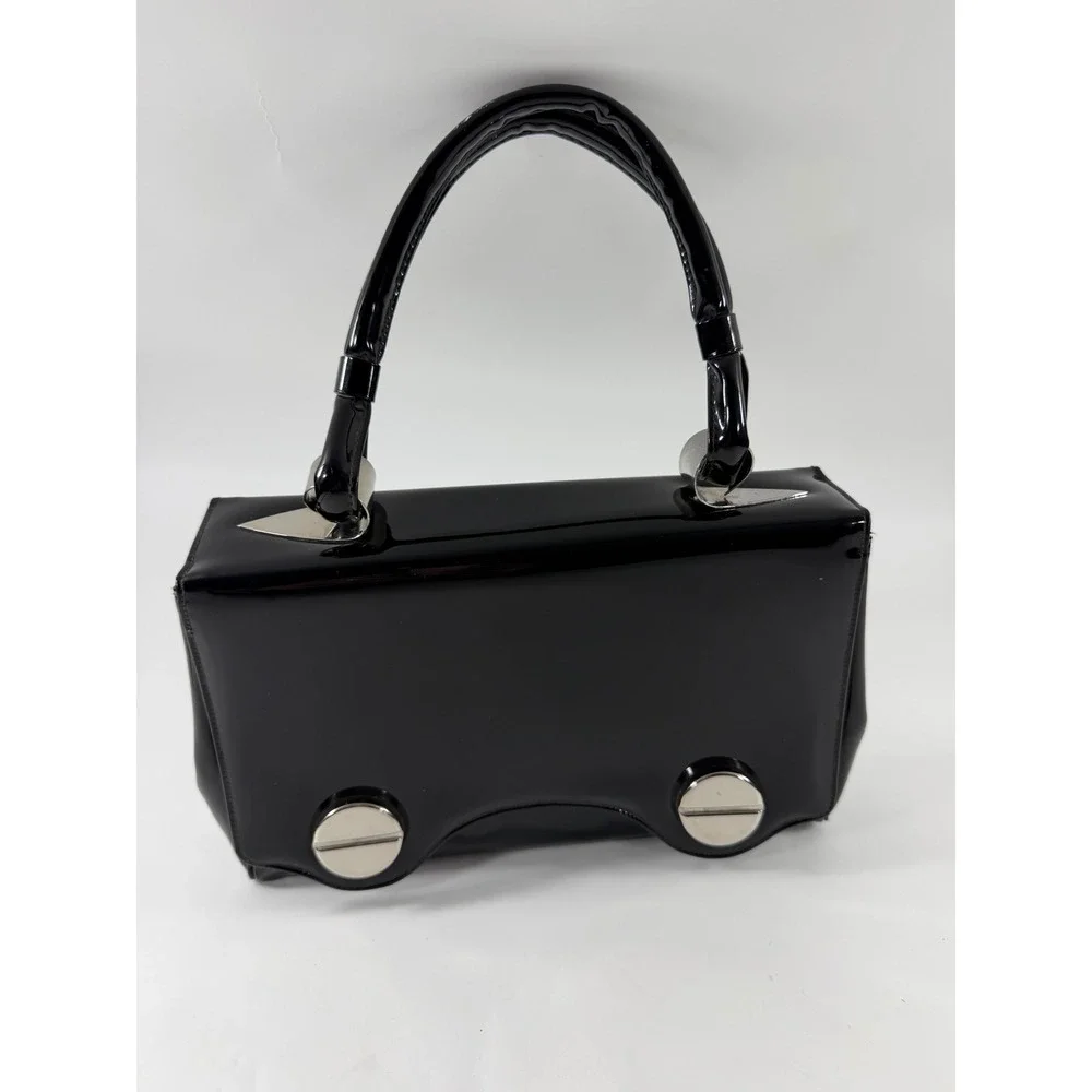 Crown Lewis Black Patent Leather Top Handle Bag Silver Hardware Dark Academia